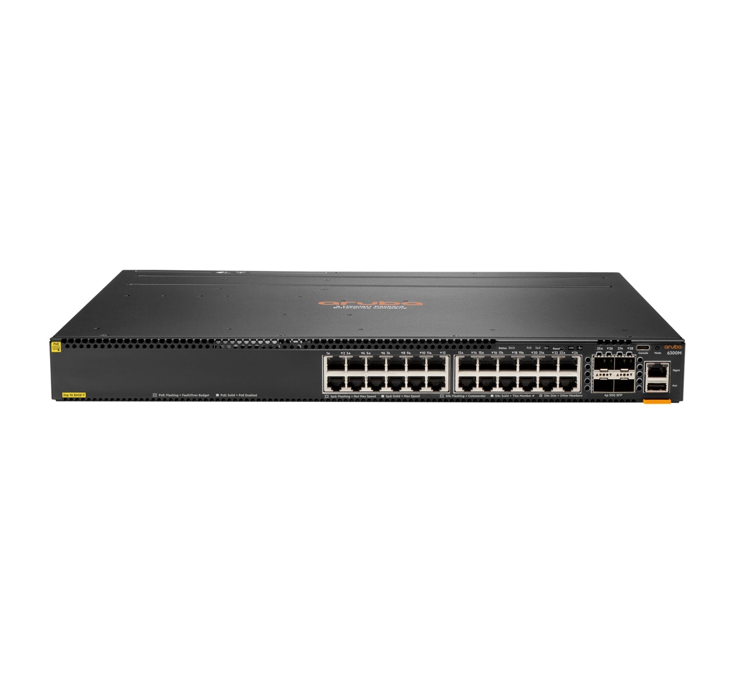 HPE Aruba Networking CX 6300M 24-port 1GbE Class 4 PoE and 4-port SFP56 Switch JL662A