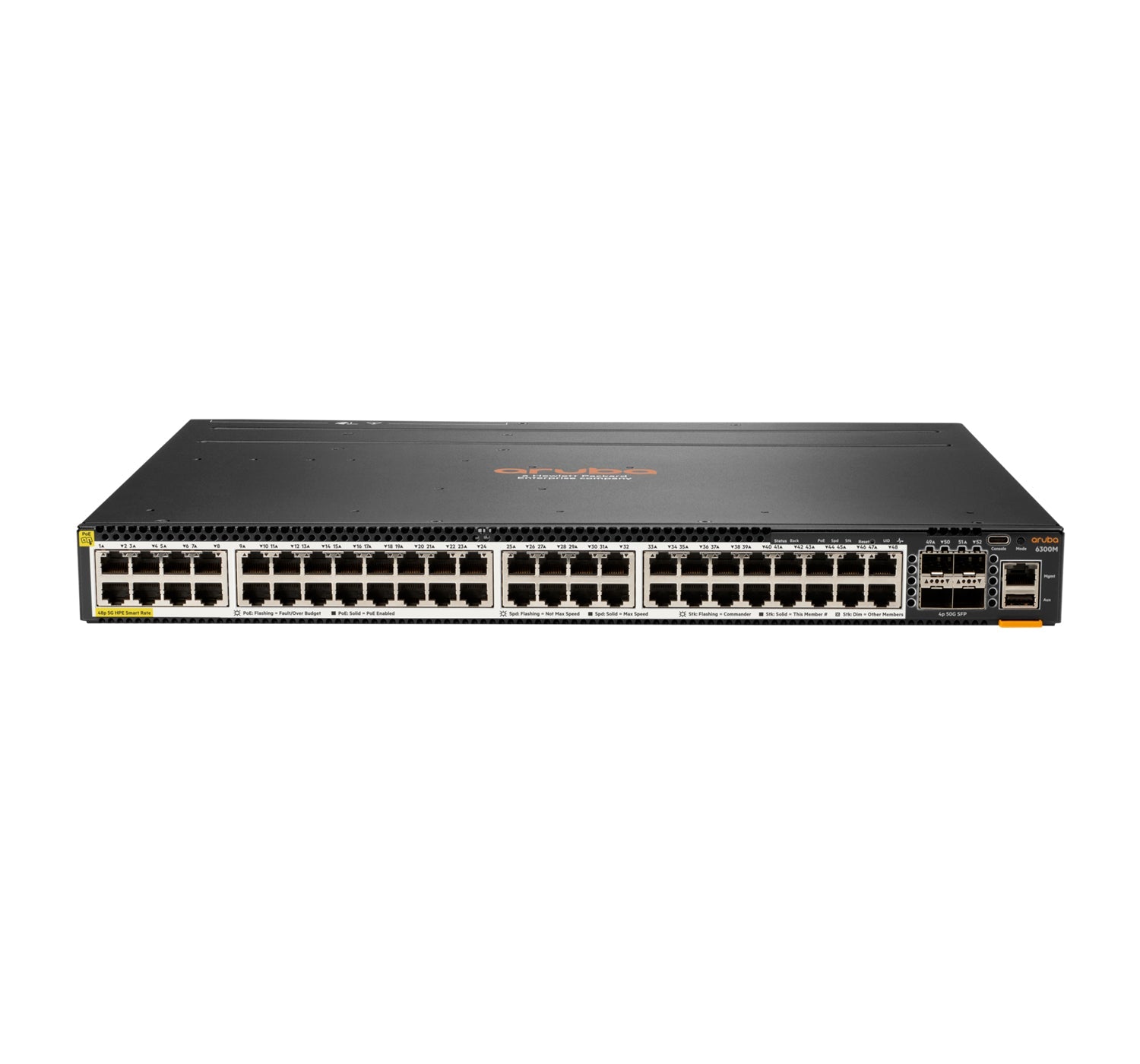 HPE Aruba Networking CX 6300M 48-Port HPE Smart Rate 1/2.5/5GbE Class 6 PoE and 4-Port SFP56 Switch JL659A