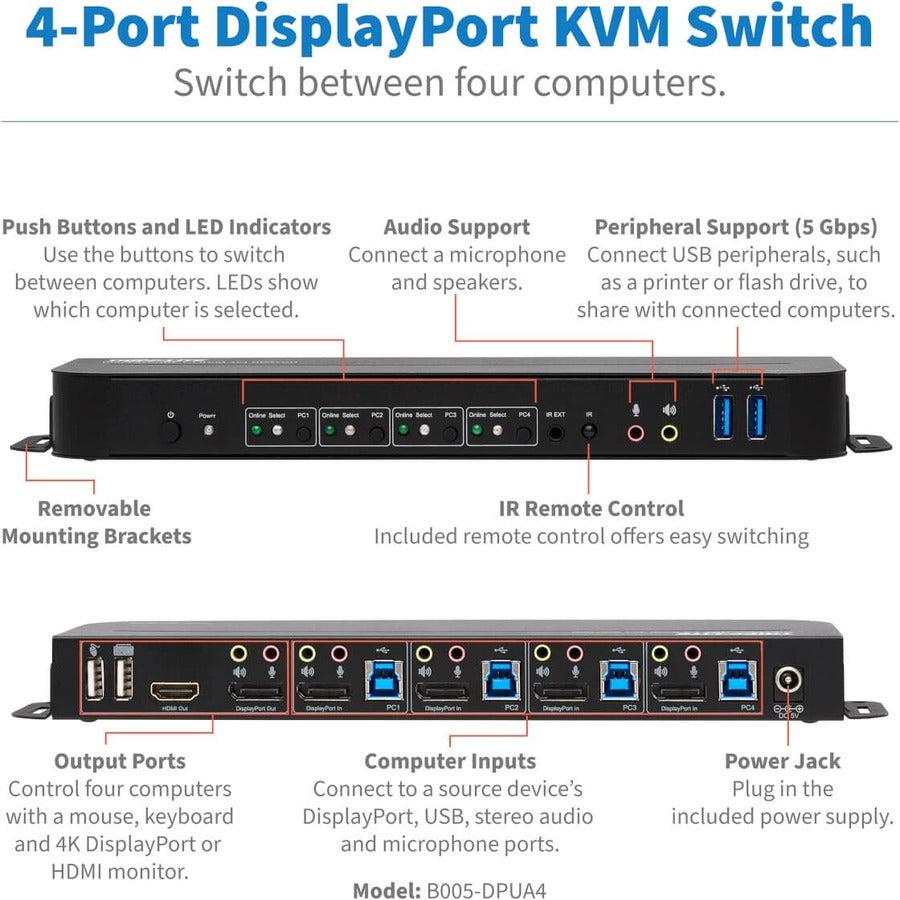 KVM Switch 4 Port DisplayPort - 4K Multi Computer Control | TechSoft B005-DPUA4