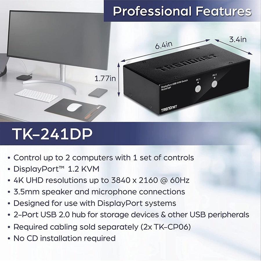 KVM Switch DisplayPort 2-Port - TrendNet 4K USB Switch | TecISoft TK-241DP