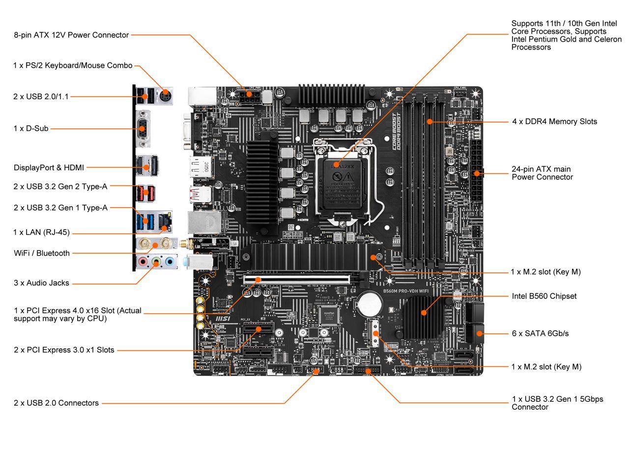 Msi B560M Pro-Vdh Wifi Lga 1200 Intel B560 Sata 6Gb/S Micro Atx Intel Motherboard