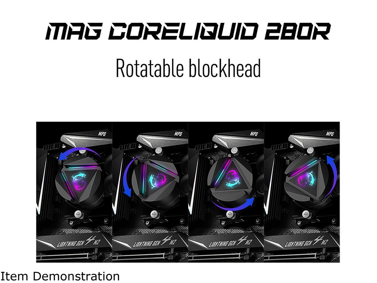 Msi Mag Series Coreliquid 280R, Rgb Cpu Liquid Cooler (Aio): Rotatable Blockhead Design, 280Mm Radiator, Dual 140Mm Rgb Pwm Fans