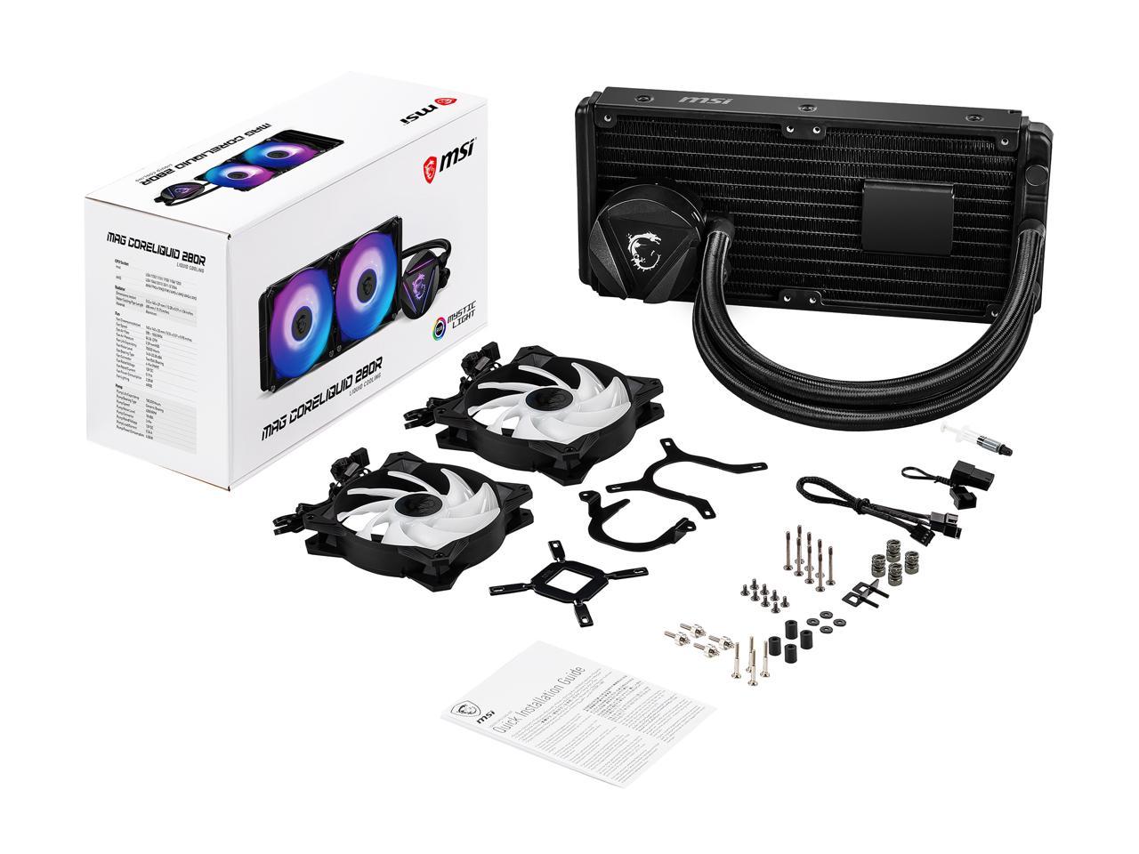 Msi Mag Series Coreliquid 280R, Rgb Cpu Liquid Cooler (Aio): Rotatable Blockhead Design, 280Mm Radiator, Dual 140Mm Rgb Pwm Fans