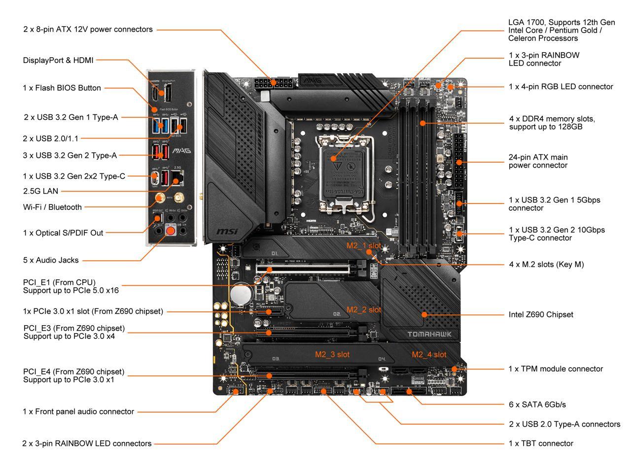 Msi Mag Z690 Tomahawk Wifi Ddr4 Socket Lga1700/ Intel Z690/ Ddr4/ Sata3&Usb3.2/ M.2/ Wifi&Bluetooth/ Atx Motherboard