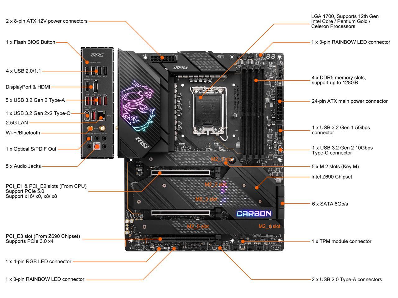 Msi Mpg Z690 Carbon Wifi Socket Lga1700/ Intel Z690/ Ddr5/ Sata3&Usb3.2/ Amd Crossfire/ M.2/ Wifi&Bluetooth/ Atx Motherboard