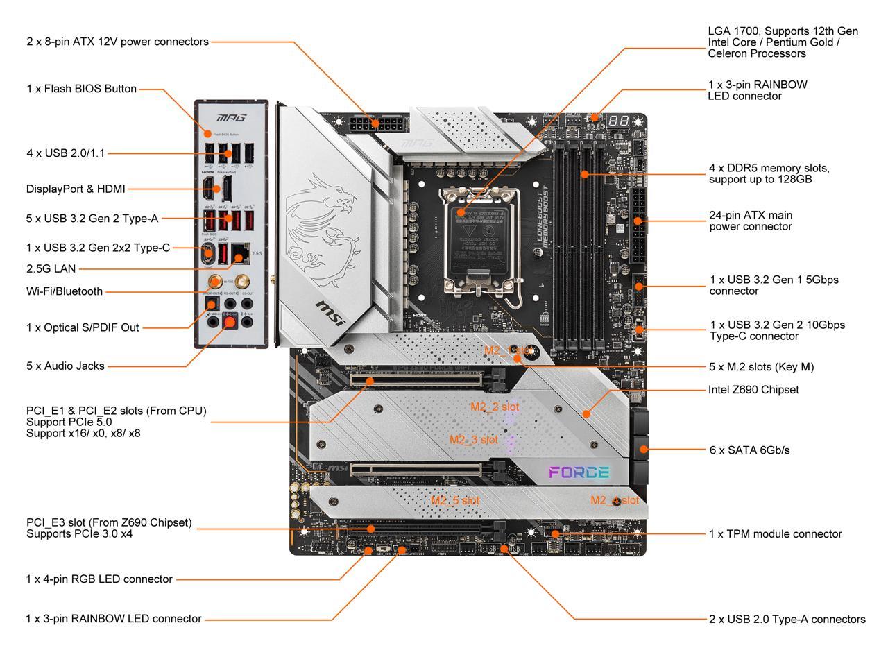 Msi Mpg Z690 Force Wifi Socket Lga1700/ Intel Z690/ Ddr5/ Sata3&Usb3.2/ Amd Crossfire/ M.2/ Wifi&Bluetooth/ Atx Motherboard