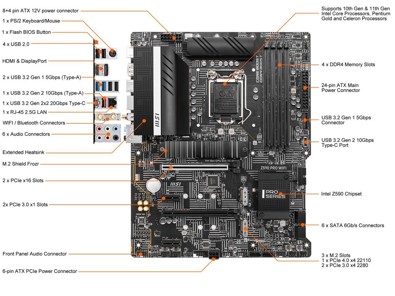 Msi Z590 Pro Wifi Lga 1200 Intel Z590 Sata 6Gb/S Atx Intel Motherboard