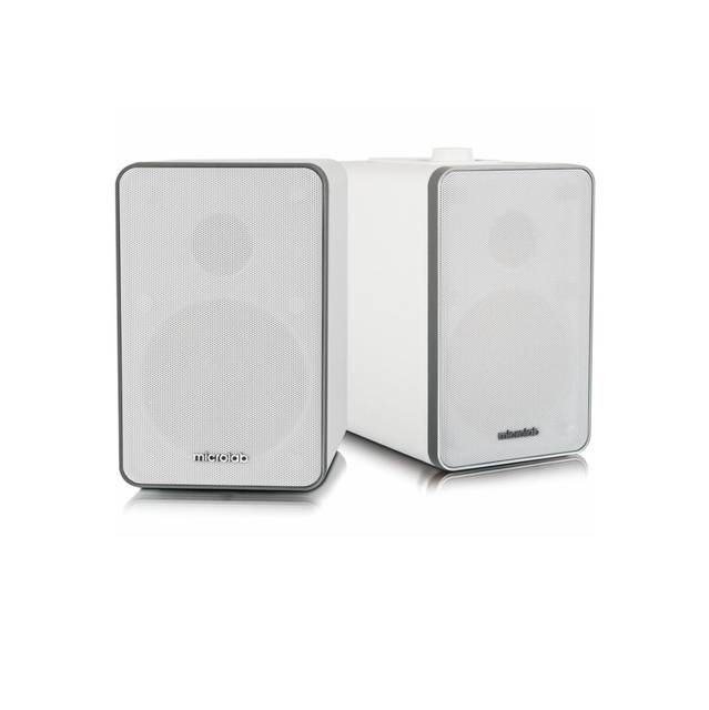 Microlab H21 Wireless Bluetooth Bookshelf Speaker System W/ Versatile Connectivity & Real Wooden & Leather Finishing Cabinets (White)