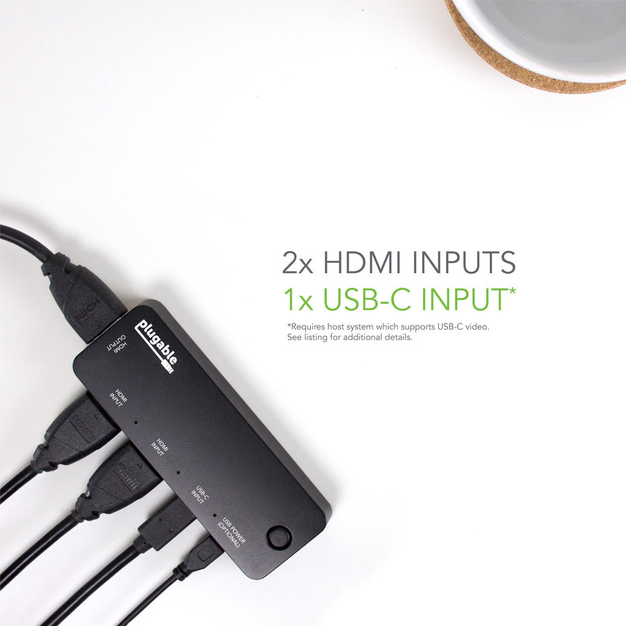 Plugable HDMI 2.0 and USB-C 3 Port Switch with 2 HDMI and 1 USB-C Inputs and Single HDMI 2.0 Output (Supports 2x HDMI 2.0 4K@60Hz Sources and 1x USB C or Thunderbolt 3 Source) HDMI-SC3
