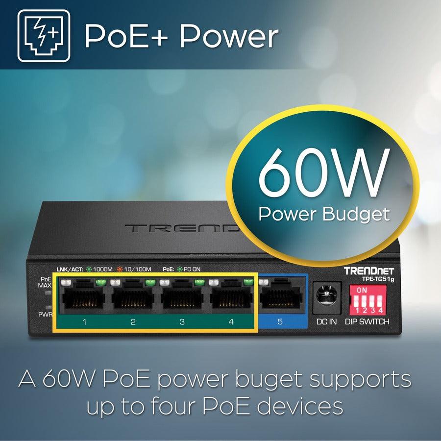 PoE+ Switch - 5-Port Gigabit Power Over Ethernet Switch 60W | TRENDnet TPE-TG51G