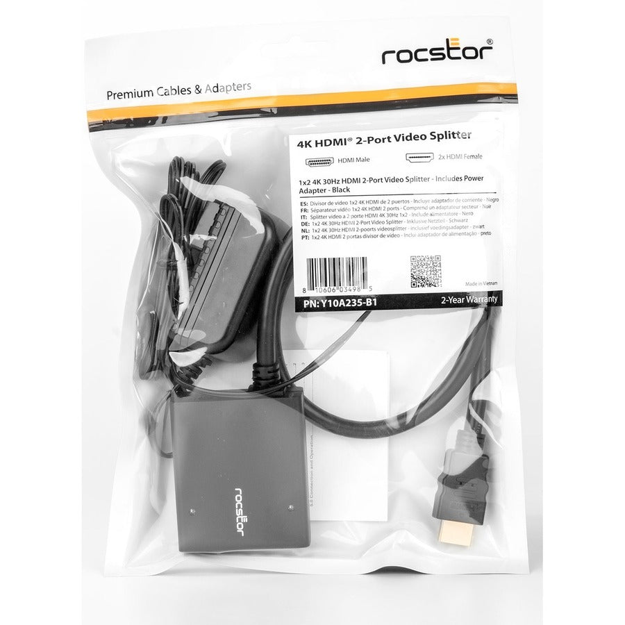 Rocstor 2-Port HDMI Splitter with USB Power-4K Y10A235-B1