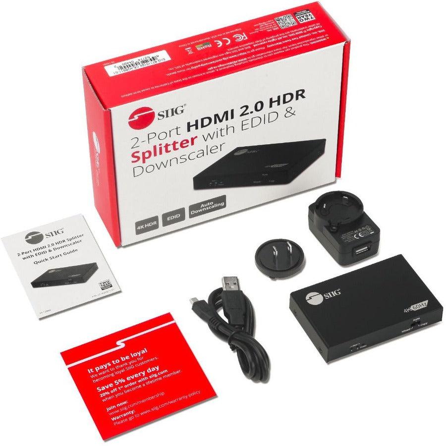 SIIG 2 Port HDMI 2.0 4K @60Hz HDR Splitter with EDID & Downscaler CE-H26B11-S1