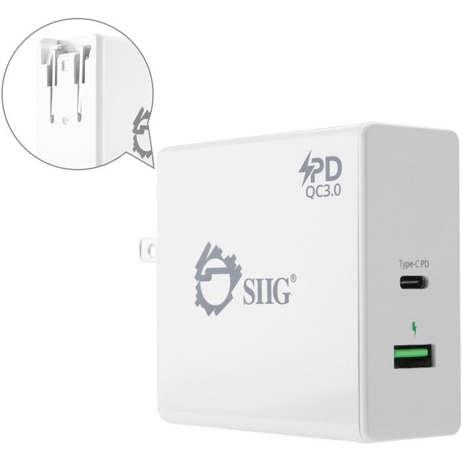 SIIG 65W USB-C PD Charger Power Delivery with QC3.0 Wall Charge AC-PW1F12-S1