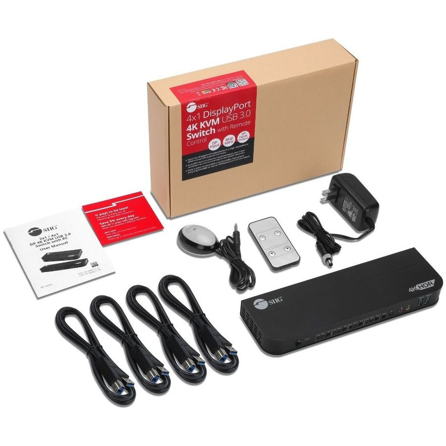 SIIG CE-KV0D11-S1 4x1 DisplayPort 4K KVM Switch - USB 3.0 Remote Control | SIIG