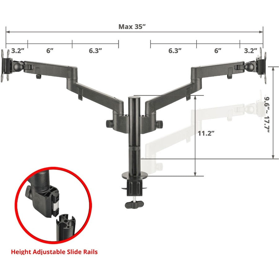 SIIG Dual Arm Pole Multi-Angle Replaceable Articulating Monitor Desk Mount - 14 to 30" - Max Load 17.6lbs each - Expandable Slide Rails Design - up to 4 monitors" CE-MT3E11-S1