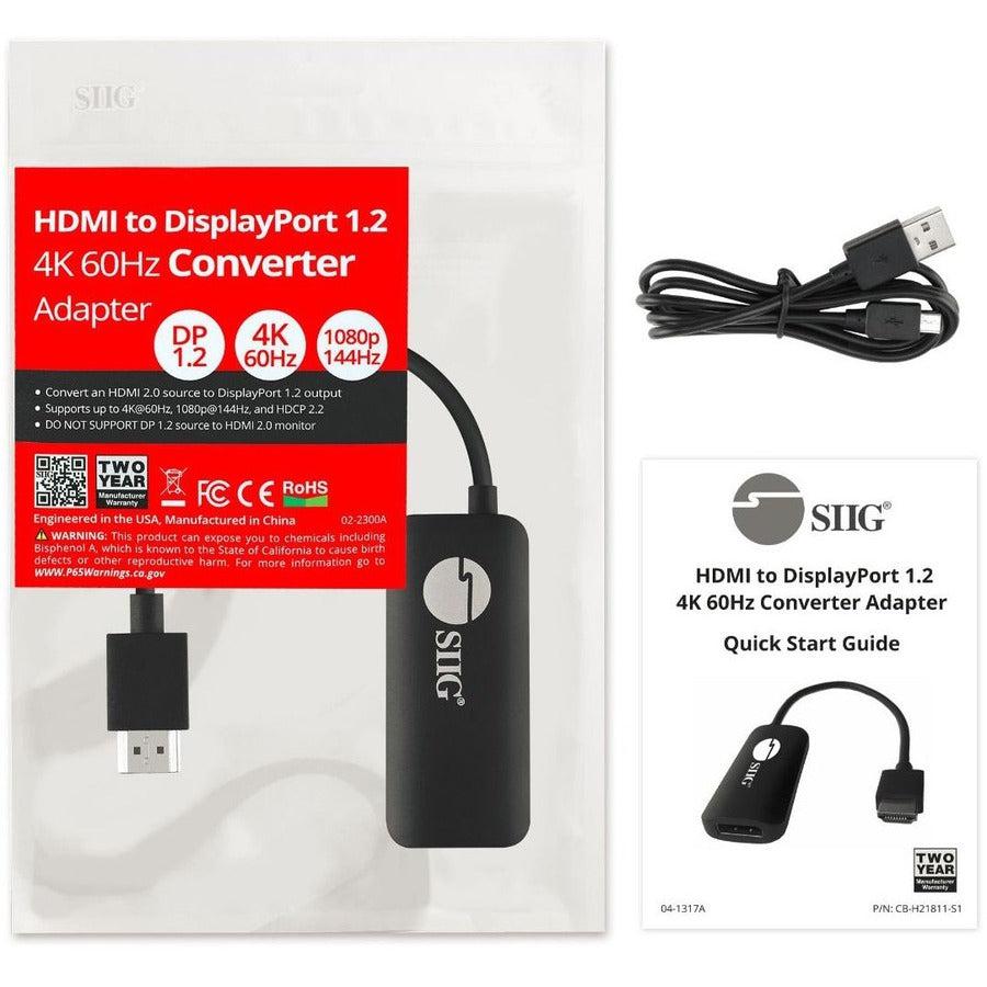 SIIG HDMI to DisplayPort 1.2 4K 60Hz Converter Adapter CB-H21811-S1