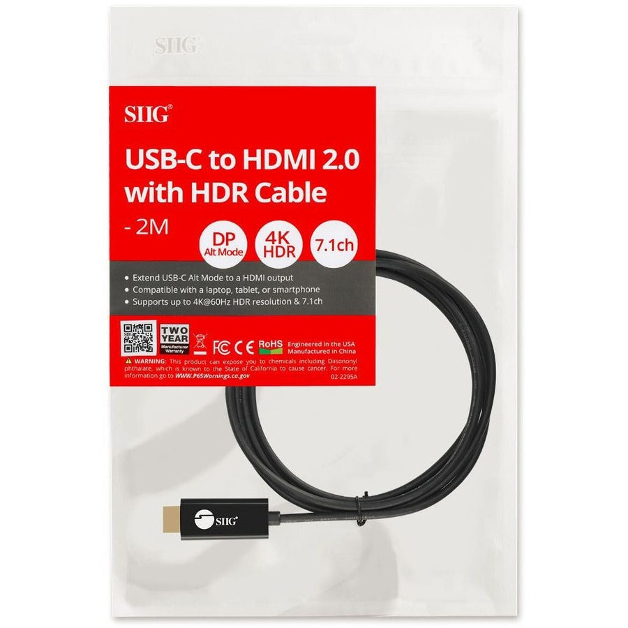 SIIG USB-C to 4K60Hz HDR HDMI 2.0 Active Cable - 2M CB-TC0J11-S1