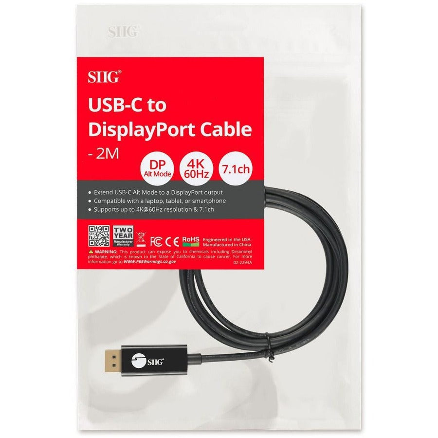 SIIG USB-C to DisplayPort Active Cable 4K 60Hz HDR - 2M CB-TC0K11-S1