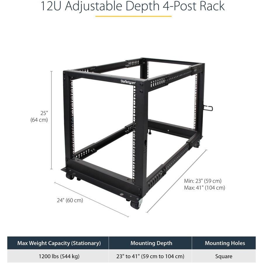 Startech.Com 12U 19" Open Frame Server Rack - 4 Post Adjustable Depth 23-41" Mobile - Free