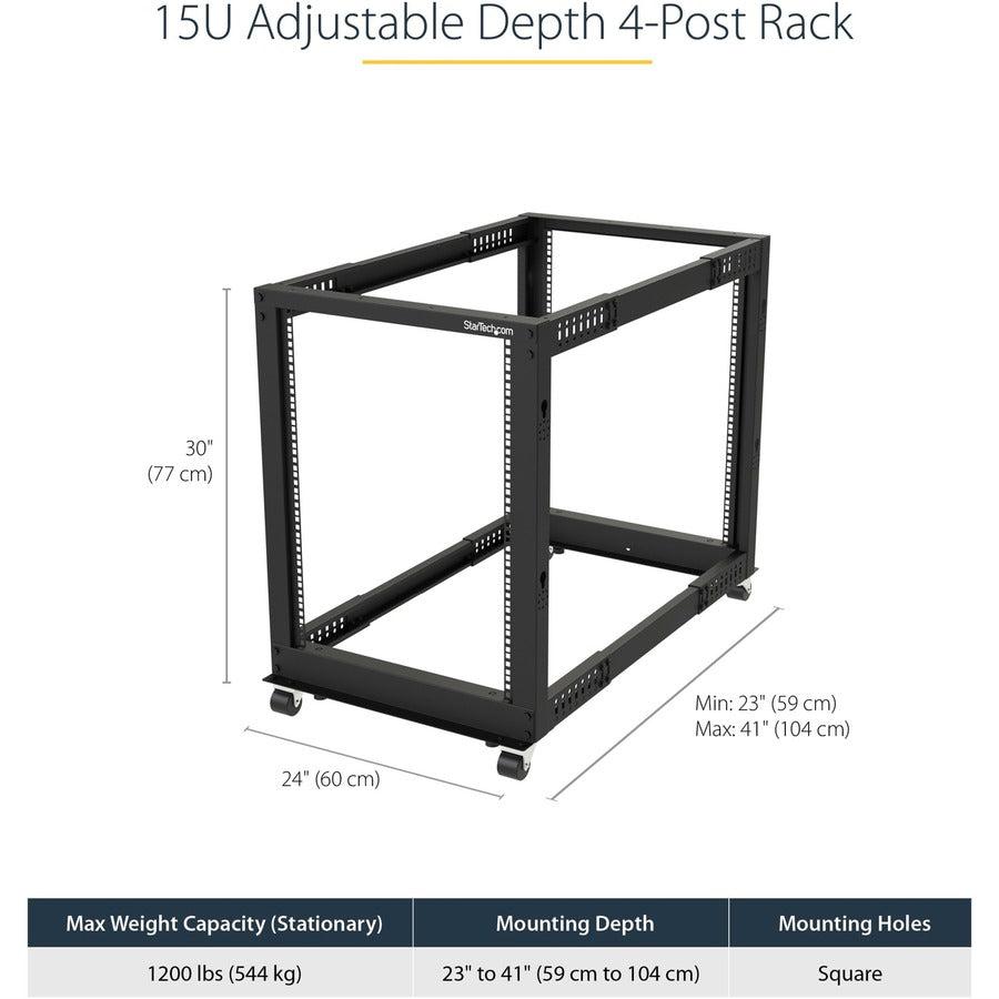 Startech.Com 15U 19" Open Frame Server Rack - 4 Post Adjustable Depth 23-41" Mobile - Free