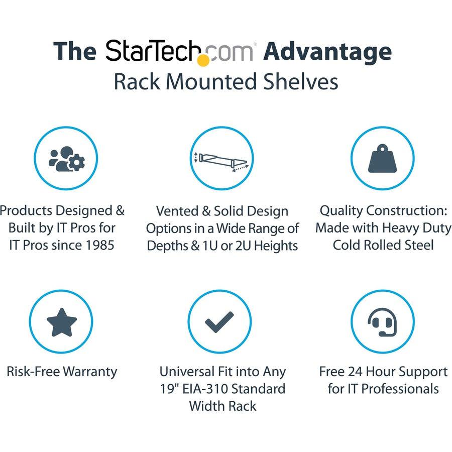 Startech.Com 1U Server Rack Shelf - Universal Rack Mount Cantilever Shelf For 19" Network Equipment Rack & Cabinet - Heavy Duty Steel  Weight Capacity 33Lb/15Kg - 7" Deep Tray, Black