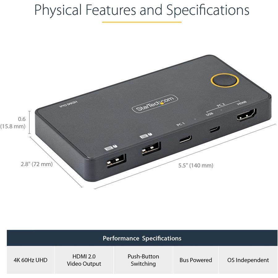 Startech.Com 2 Port Hybrid Usb-A + Hdmi & Usb-C Kvm Switch - Single 4K 60Hz Hdmi 2.0 Monitor -