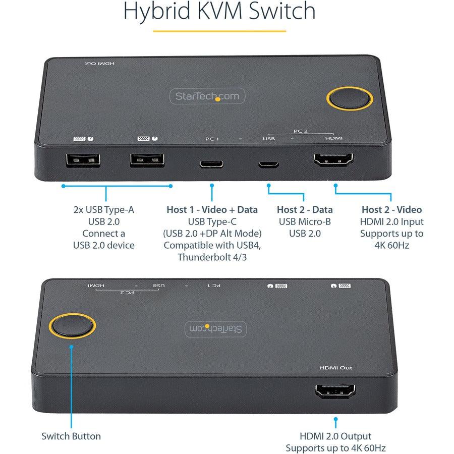 Startech.Com 2 Port Hybrid Usb-A + Hdmi & Usb-C Kvm Switch - Single 4K 60Hz Hdmi 2.0 Monitor -