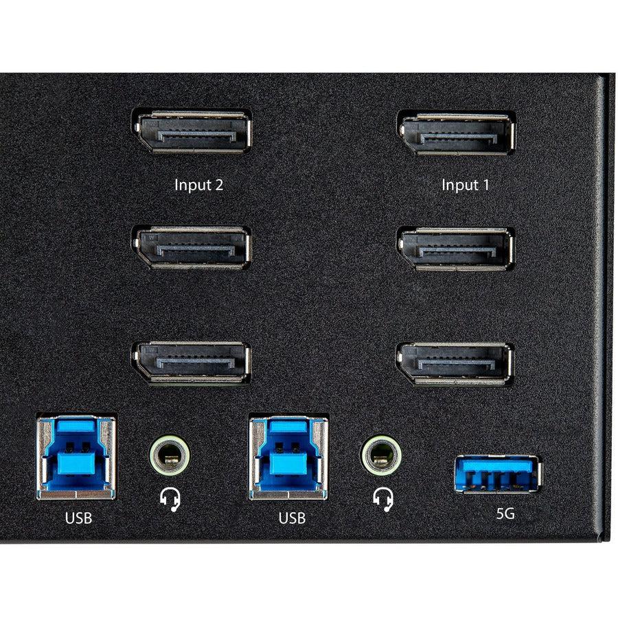 Startech.Com 2 Port Triple Monitor Displayport Kvm Switch - 4K 60Hz Uhd Hdr - Desktop Dp 1.2 Kvm With 2 Port Usb 3.0 Hub (5Gbps) & 4X Usb 2.0 Hid Ports, Audio - Hotkey Switching - Taa