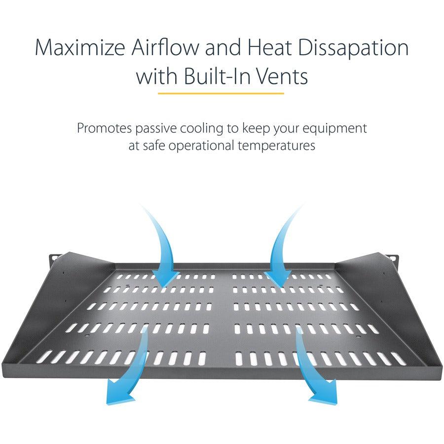 Startech.Com 2U Server Rack Shelf - Universal Vented Rack Mount Cantilever Tray For 19" Network Equipment Rack & Cabinet - Durable Design - Weight Capacity 200Lb/91Kg - 20" Deep Shelf, Black