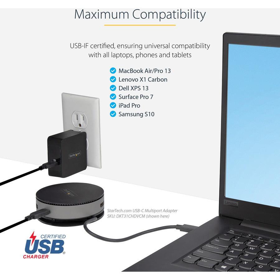 Startech.Com Usb C Wall Charger - Usb C Laptop Charger 60W Pd - 6Ft/2M Cable - Universal Compact