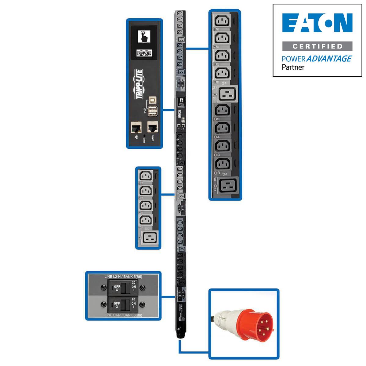 Switched Power Distribution Unit 23kW 3-Phase PDU - Touchscreen LCD | Tripp Lite PDU3XEVSR6G32B