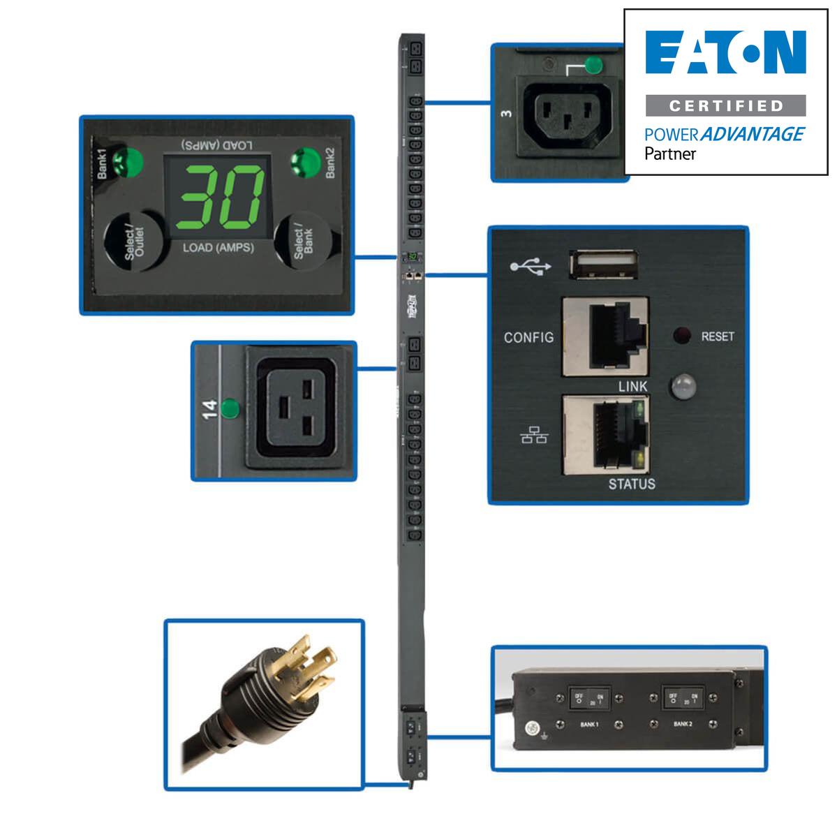Switched Power Distribution Unit - 5.5kW Network Managed PDU with Outlet Monitoring | Tripp Lite by Eaton PDUMVR30HVNETLX