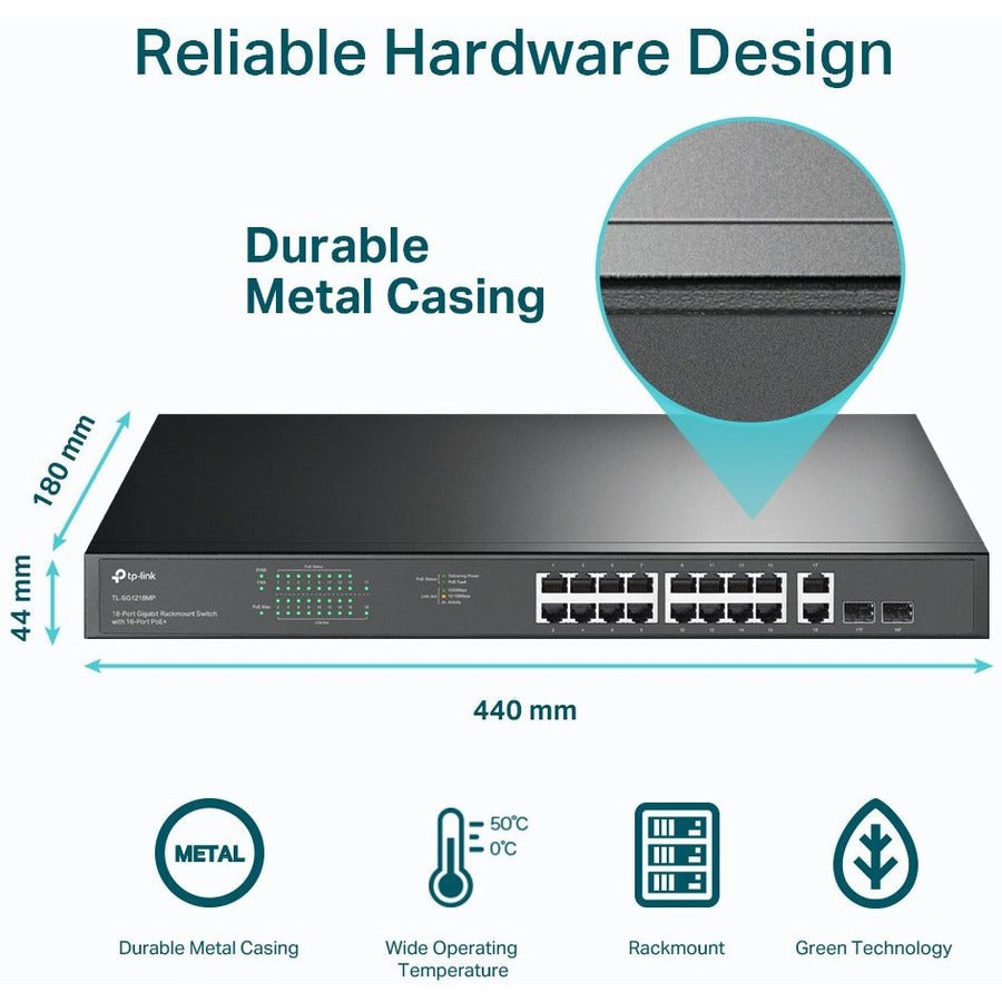 TP-Link TL-SG1218MP - 18-Port Gigabit Rackmount Switch with 16 PoE+