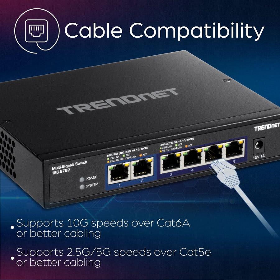 TRENDNET 6-Port Multi-Gig Switch - 10G 2.5G Fanless Ethernet Switch with High Switching Capacity | TecISoft TEG-S762