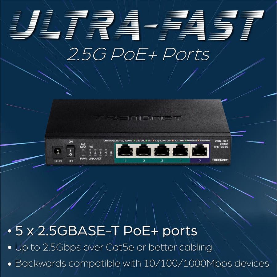 TRENDnet 5-Port Unmanaged 2.5G PoE+ Switch, Fanless, Compact Desktop Design, Metal Housing, 2.5GBASE-T Ports, IEEE 802.3bz, 55W PoE Budget, Lifetime protection, Black, TPE-TG350