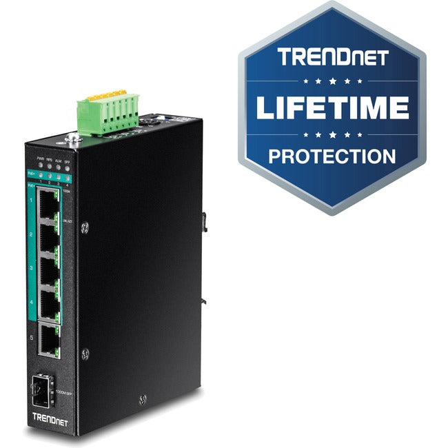 Trendnet 6-Port Hardened Industrial Gigabit Poe+ Layer 2 Managed Din-Rail Switch, 4 X Gigabit Poe+ 802.3At Ports, 1 X Gigabit Port, 1 X Gigabit Sfp Slot, 120W Power Budget, Black, Ti-Pg541I