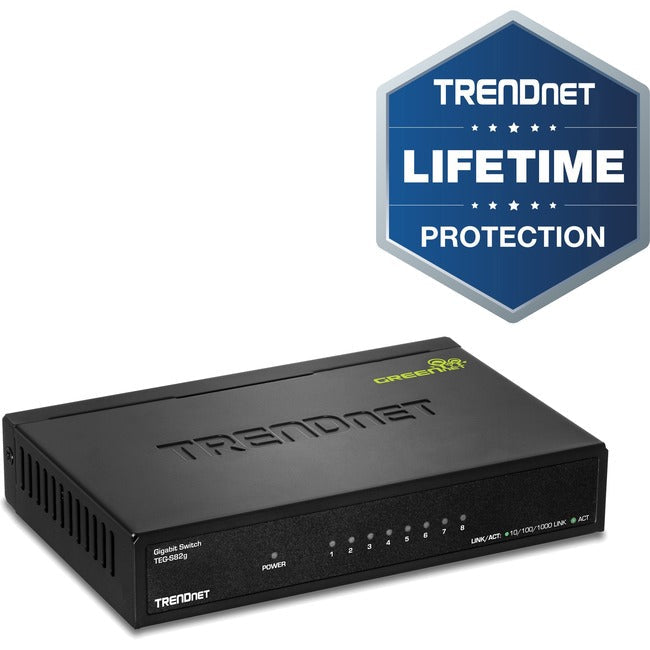 Trendnet 8-Port Gigabit Greennet Switch, Ethernet Network Switch, 8 X 10-100-1000 Mbps Gigabit Ethernet Ports, 16 Gbps Switching Capacity, Metal, Lifetime Protection, Black, Teg-S82G