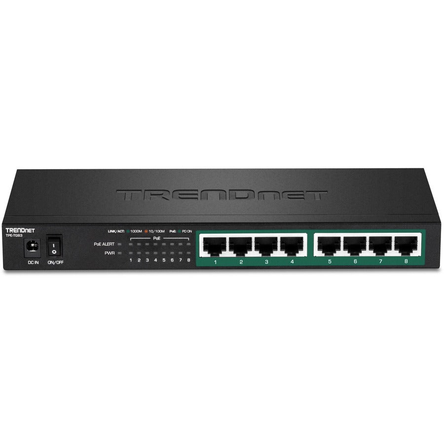 TRENDnet 8-Port Gigabit PoE+ Switch, 65W PoE Power Budget, 16Gbps Switching Capacity, IEEE 802.1p QoS, DSCP Pass-Through Support, Fanless, Wall Mountable, Lifetime Protection, Black, TPE-TG83