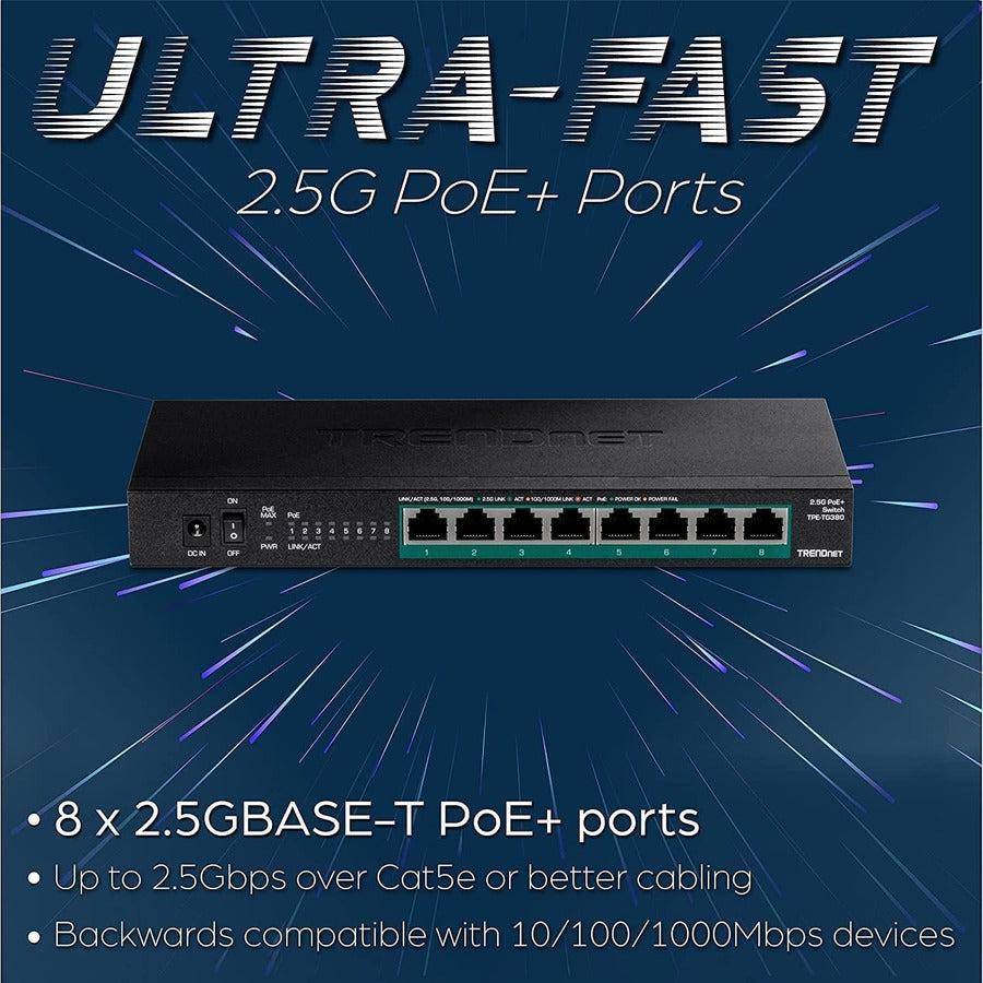TRENDnet 8-Port Unmanaged 2.5G PoE+ Switch, Fanless, Compact Desktop Design, Metal Housing, 2.5GBASE-T Ports, IEEE 802.3bz, 100W PoE Budget, Lifetime Protection, Black, TPE-TG380