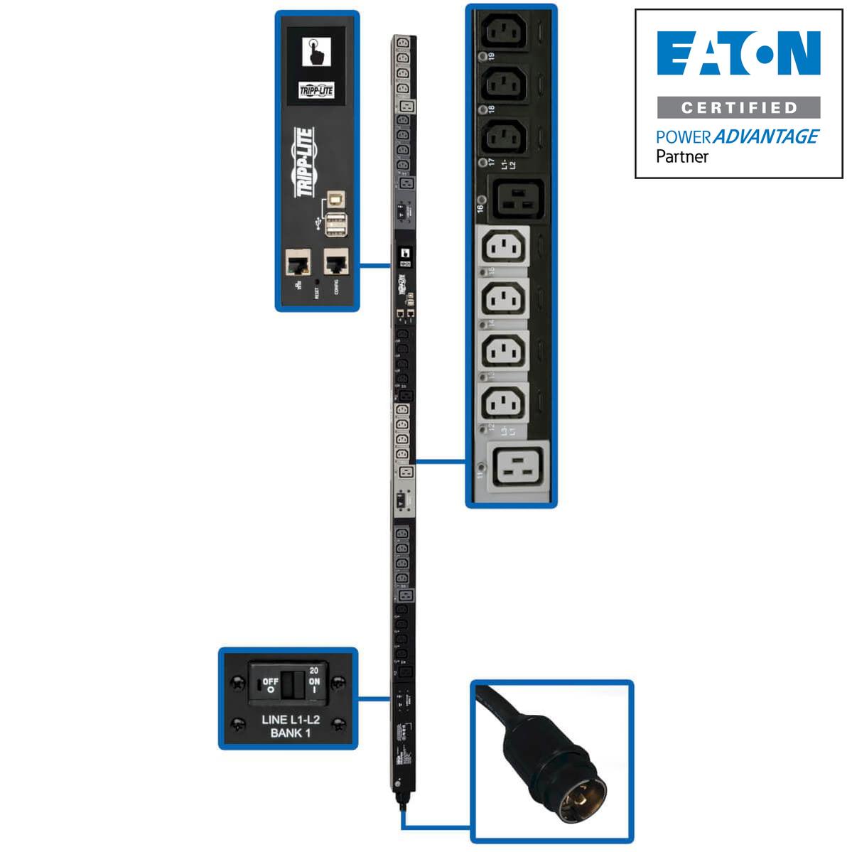 Tripp Lite 10Kw 3-Phase Pdu, Vertical, Switched, 0U, 24 Iec C13, 6 Iec C19 To L21-30P - 6 Ft. Cord, Lx Platform, Taa