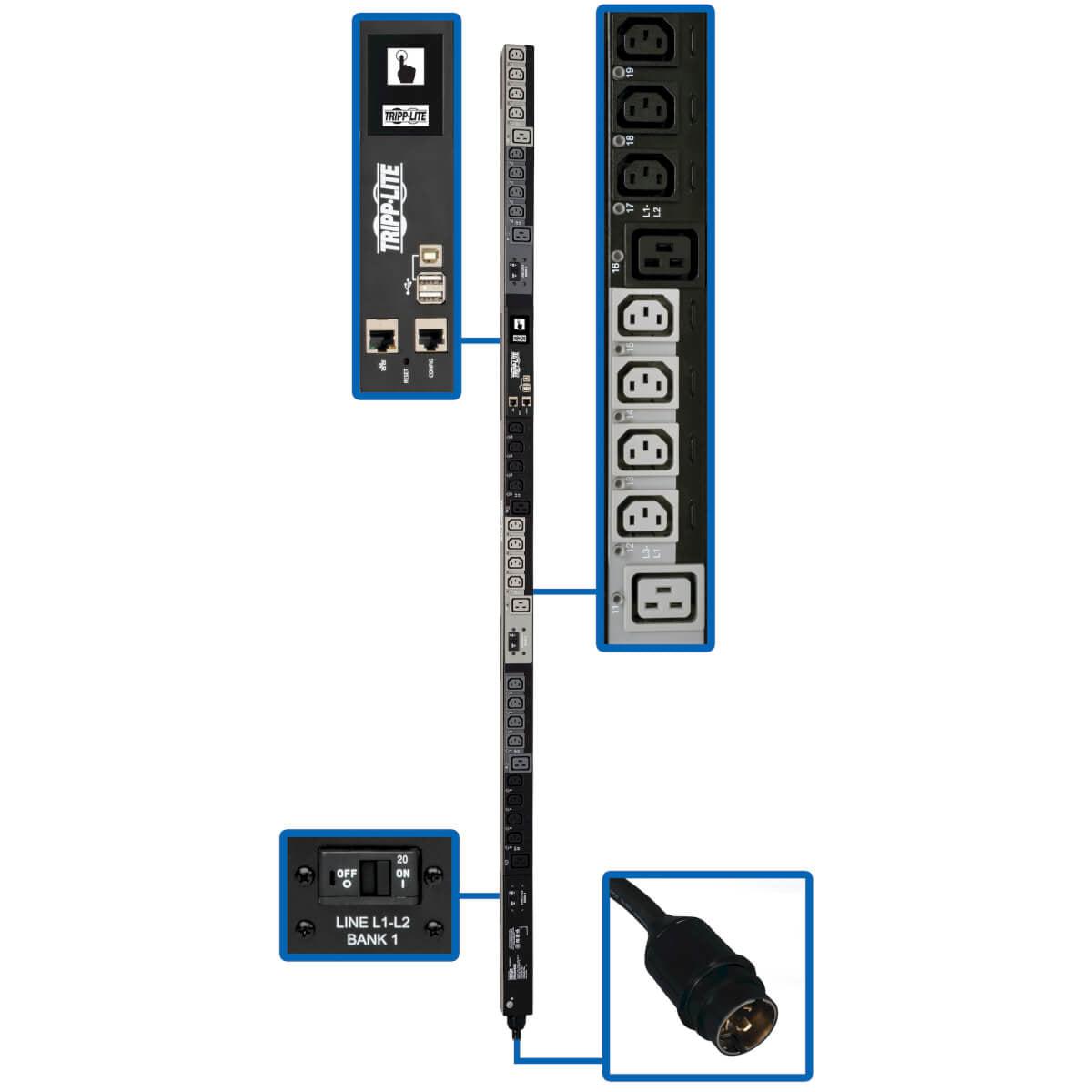 Tripp Lite 10Kw 3-Phase Pdu, Vertical, Switched, 0U, 24 Iec C13, 6 Iec C19 To L21-30P - 6 Ft. Cord, Lx Platform, Taa