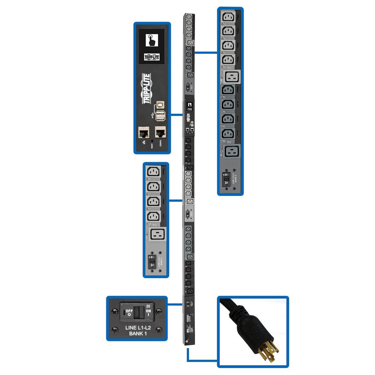 Tripp Lite 10Kw 3-Phase Switched Pdu, Lx Interface, 200/208/240V Outlets (24 C13/6 C19), Lcd, Nema L2130P, 3M/10 Ft. Cord, 0U 1.8M/70 In. Height, Taa