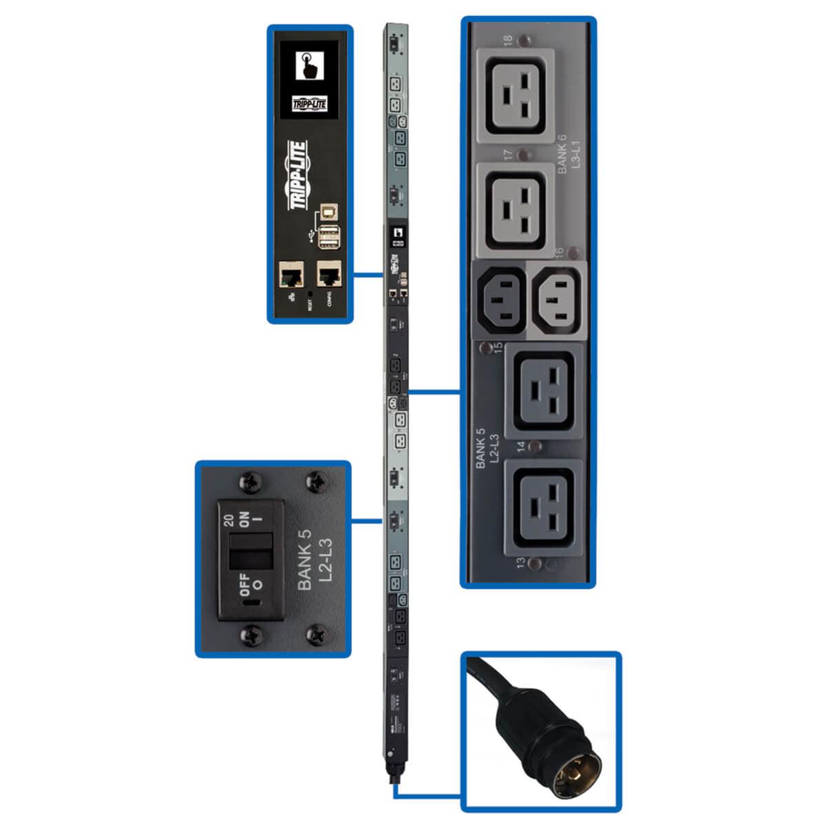 Tripp Lite 14.4Kw 3-Phase Monitored Per-Outlet Pdu - Lx Platform, 6 C13 & 12 C19 Outlets (208V), 50A Cs8365C, 0U, Taa