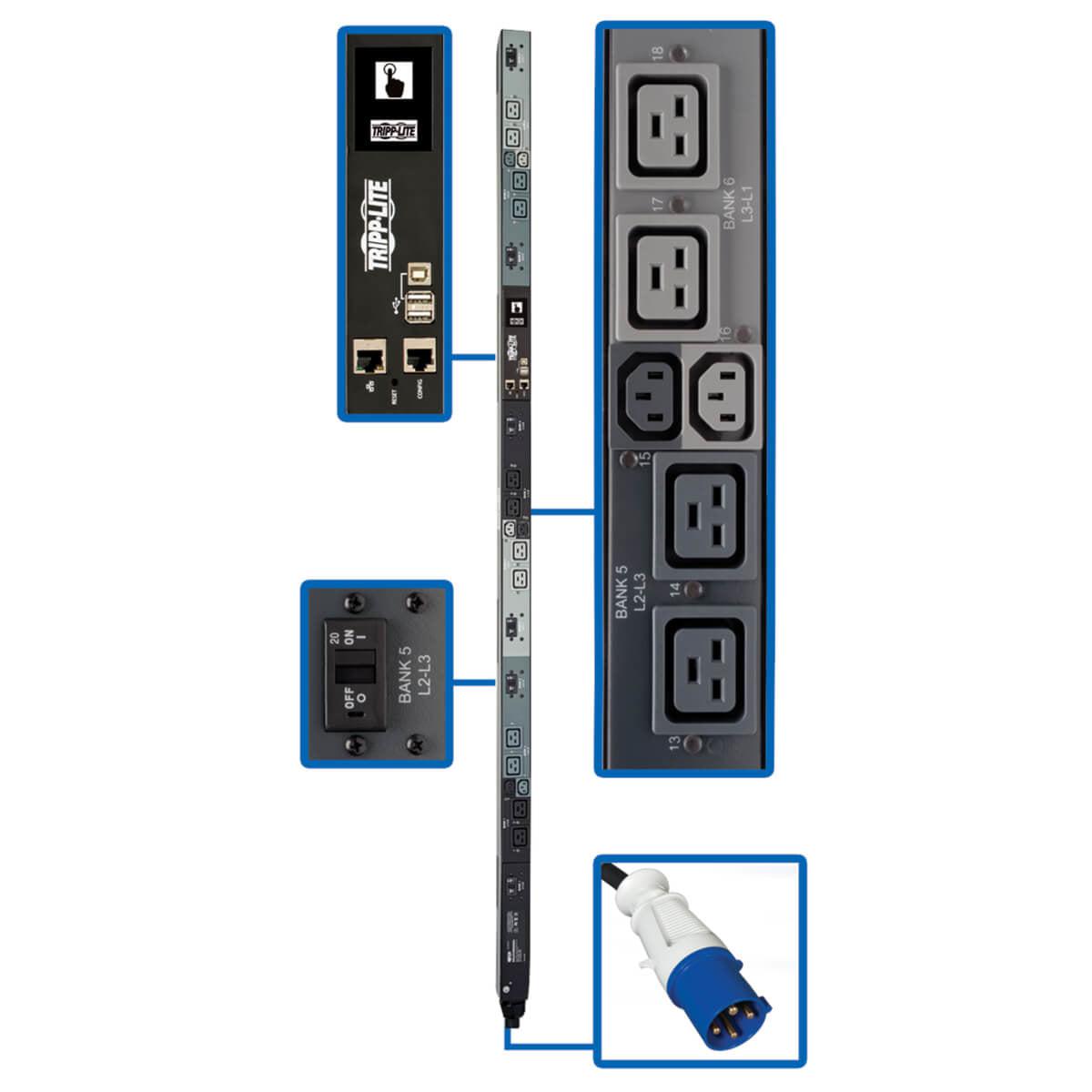 Tripp Lite 16.2Kw 3-Phase Monitored Per-Outlet Pdu - Lx Platform, 12 C19 & 6 C13 Outlets (208/240V), Iec 309 60A Blue, 0U, Taa