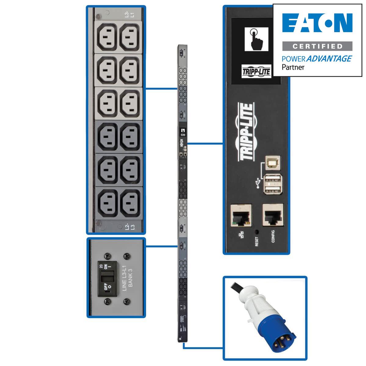 Tripp Lite 18.7Kw 3-Phase Monitored Pdu With Lx Platform, 208/240V Output (36 C13), Iec 309 60A Blue, 0U, Taa
