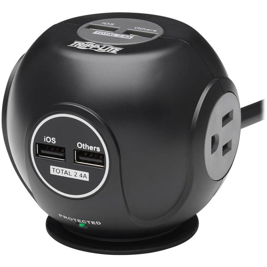 Tripp Lite 3-Outlet Spherical Surge Protector, 4 Usb Ports (4.8A Shared) - 6-Ft. (1.83 M) Cord, 5-15P Plug, 540 Joules, Black