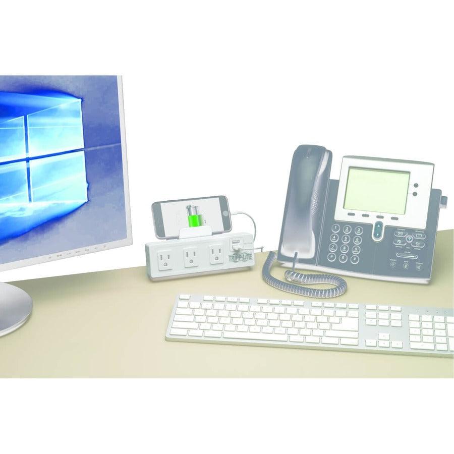 Tripp Lite 3-Outlet Surge Protector With 2 Usb Ports, 10 Ft. Cord – 510 Joules, Desk Clamp, White Housing