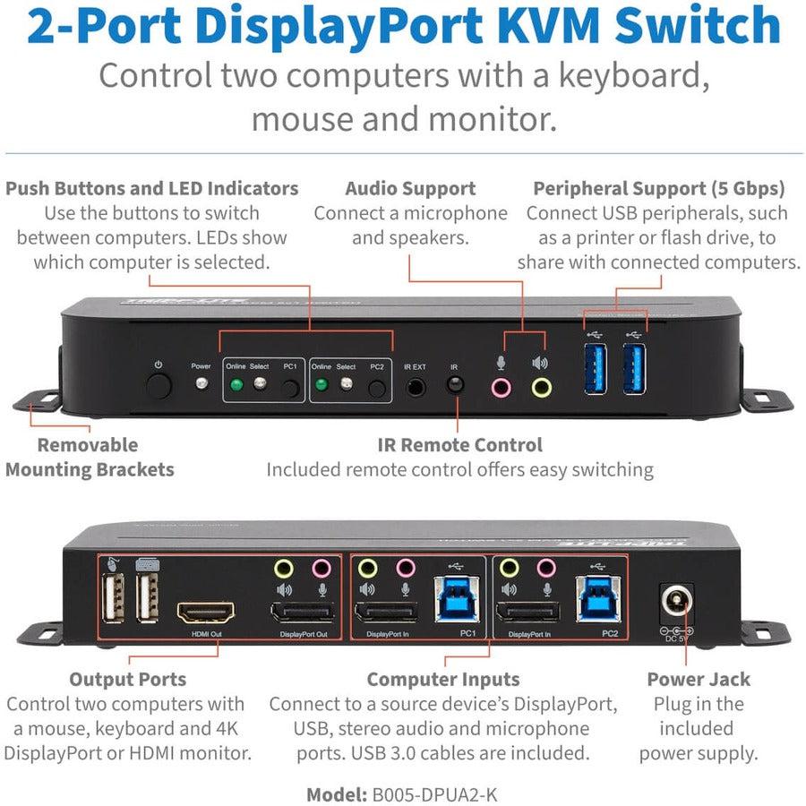 Tripp Lite B005-Dpua2-K 2-Port Displayport/Usb Kvm Switch - 4K 60 Hz, Hdr, Hdcp 2.2, Ir, Dp 1.4, Usb Sharing, Usb 3.0 Cables