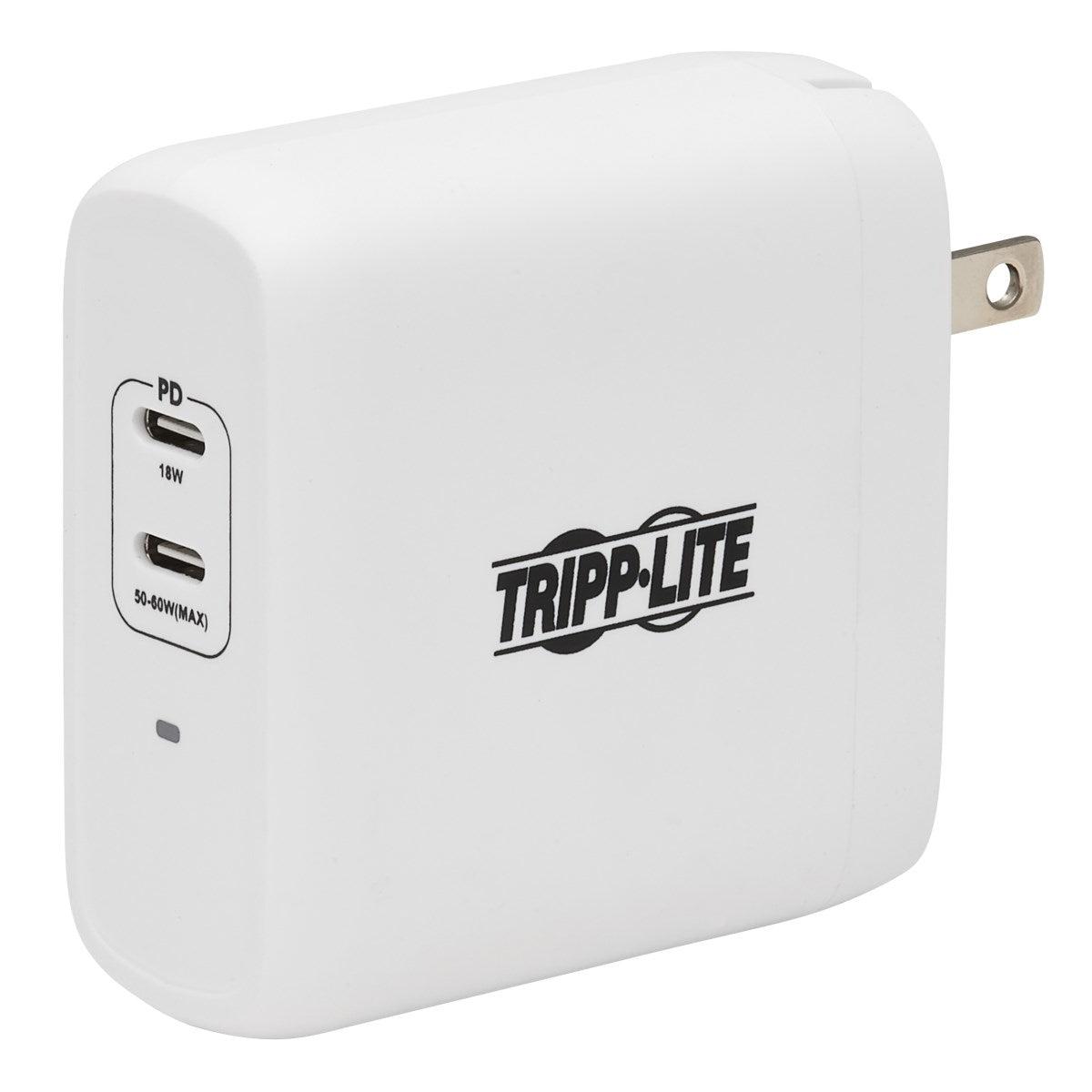 Tripp Lite Dual-Port Compact Usb-C Wall Charger - Gan Technology, 68W Pd Charging (50W+18W), White