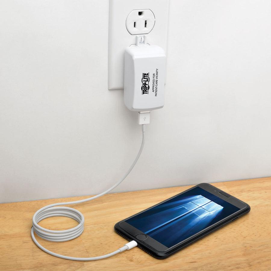 Tripp Lite Hospital-Grade Usb Wall Charger, Ul 60601-1 Certified For Patient-Care Areas, Locking Tab, 1 Port, 2.5A 13W 110/220V